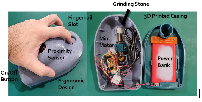 A 3D printed casing of the size of a hand with a powerbank, mini motor, proximity sensor and electrical circuit fitted inside. 